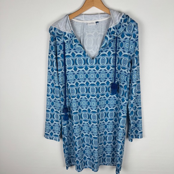 Cabana Life Blue Geometric Tile Hooded Swim Cover Up Dress Womens L Tassel - Picture 10 of 11